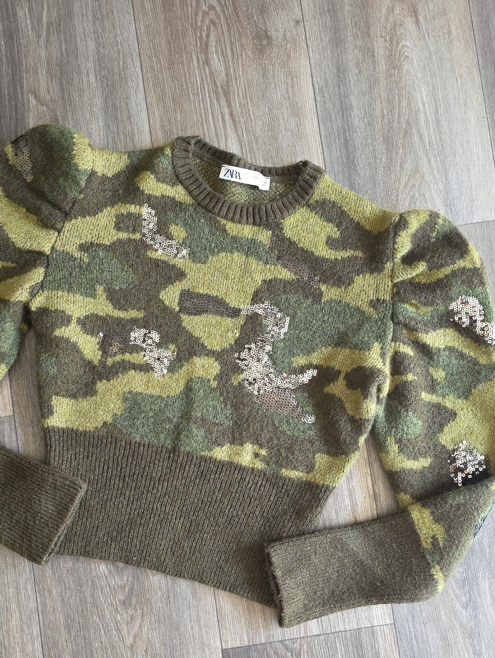 Zara Olive Green Camo Sequin Puff-Sleeve Sweater